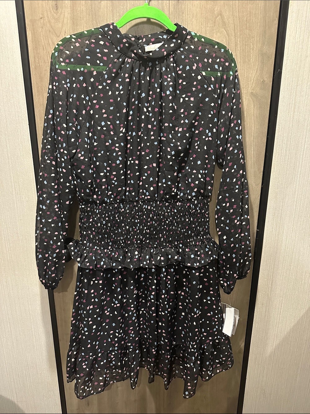 Bleecker 126 Black Confetti Print Smocked Waist Long Sleeve Mini Dress